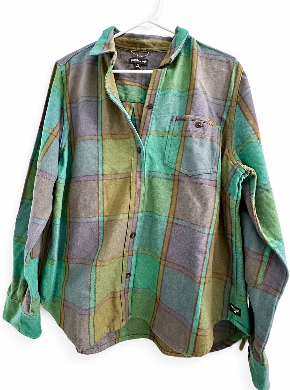 Toad&Co Plaiditude Flannel Shirt Women’s XL Green Blue Plaid Elbow Patch